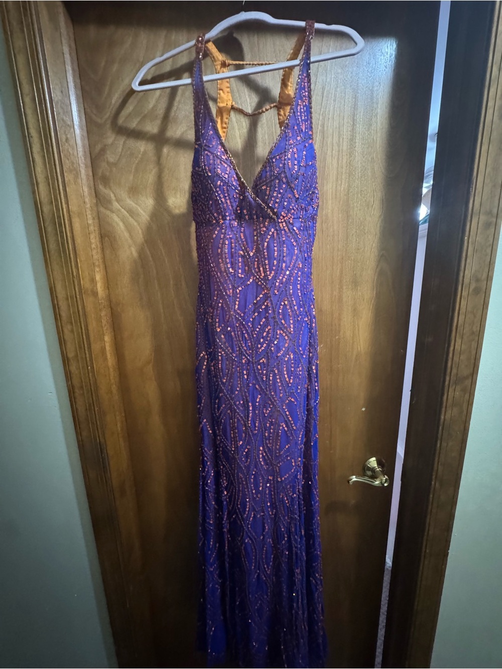 Precious Formals Purple Beaded V-Neck Maxi Dress